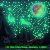 Unicorn Rainbow Moon - 297 pieces Glow in the dark wall art 297 stickers Glow In The Dark Rainbow Moon Unicorn and Moon Castle Wall Stickers Teach your kids about space by decorating with wall stickers that look great during the day and glow bright luminous green at night Beautiful and detailed  unicorns and princesses their dreams can come true with this magical unicorn castle that glows in the dark and looks like a rainbow during the day. PVC LucyMelon Lucy Melon