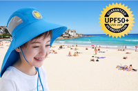 It’s summer kids protected from the sun at the beach and outdoors shading protective hats. These hats have a very wide brim of 10.5cm, plus a long neck cover. approved UPF50+ sun protection. Breathable and quick dry material means comfortable to wear all day. Ponytail hole for comfort Plain pink and blue hats , fun for the kids Adjustable head straps LucyMelon Amazebear Cancer Council Australia Legionnaires