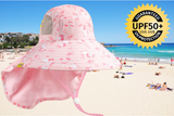 It’s summer kids protected from the sun at the beach and outdoors shading protective hats. These hats have a very wide brim of 10.5cm, plus a long neck cover. approved UPF50+ sun protection. Breathable and quick dry material means comfortable to wear all day. Ponytail hole for comfort Plain pink and blue hats , fun for the kids Adjustable head straps LucyMelon Amazebear Cancer Council Australia Legionnaires