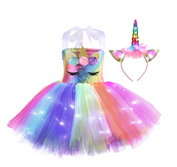 “Girls LED Light Up Unicorn Dress Tutu Horn Wings Costume Sequins Flowers Birthday Party Sydney Lucymelon MACARON”